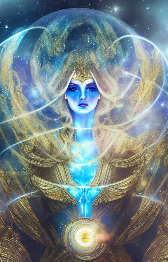 Blue-skinned woman in cosmic setting with golden headdress and armor