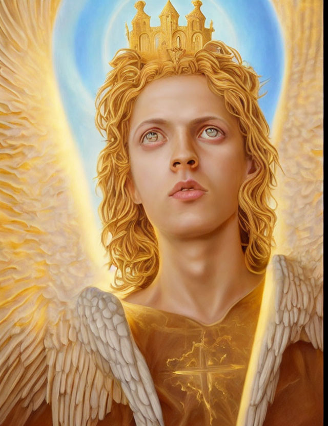 Golden-haired angel with wings holding a cross under heavenly light.