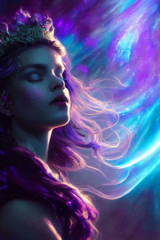 Ethereal woman with crown in cosmic nebula backdrop