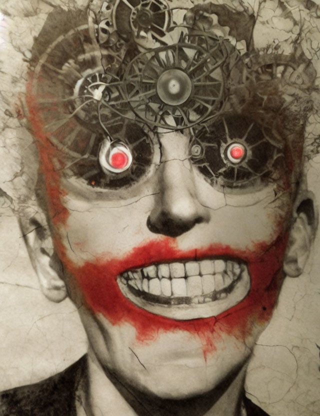 Surreal artwork featuring face with mechanical gear eyes and red clown-like smile