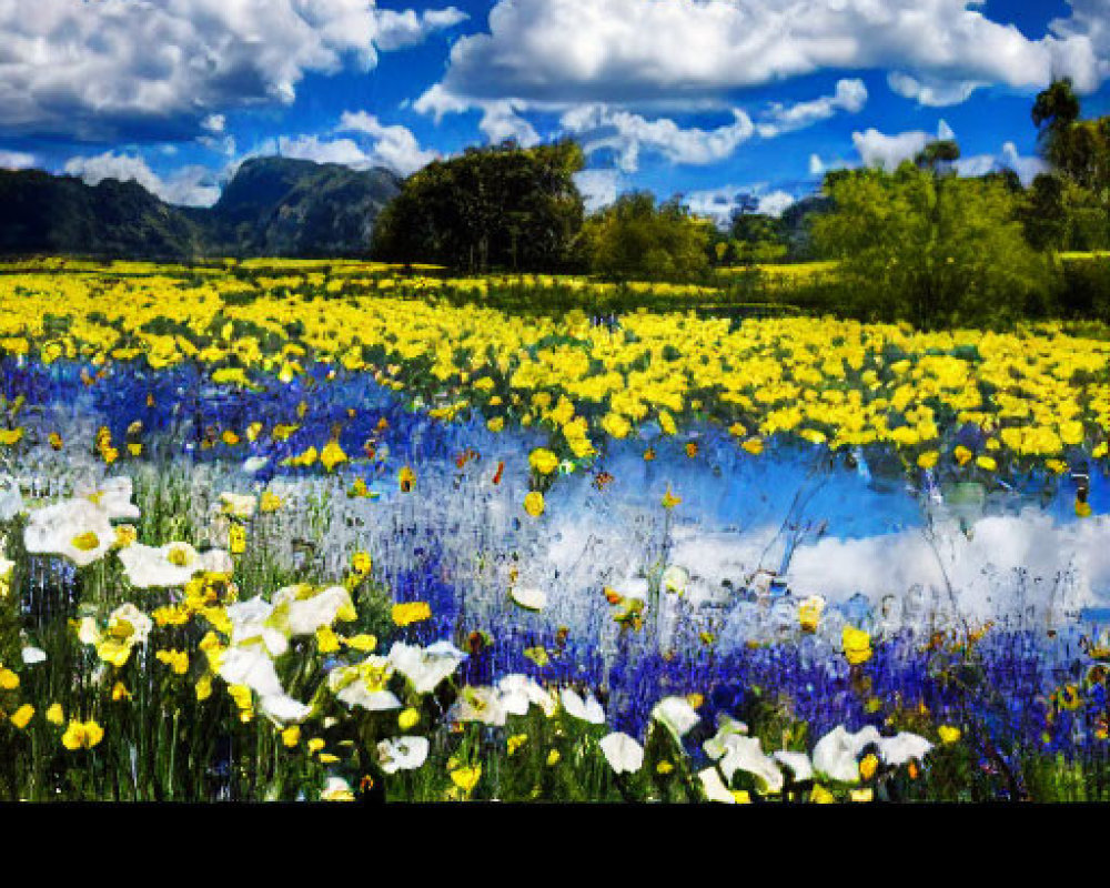 Scenic landscape with yellow and blue wildflowers, mountains, and water reflection