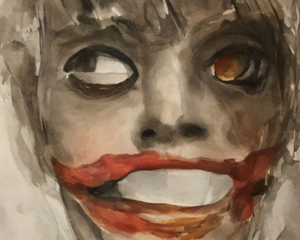 Person with smeared clown-like makeup in watercolor art