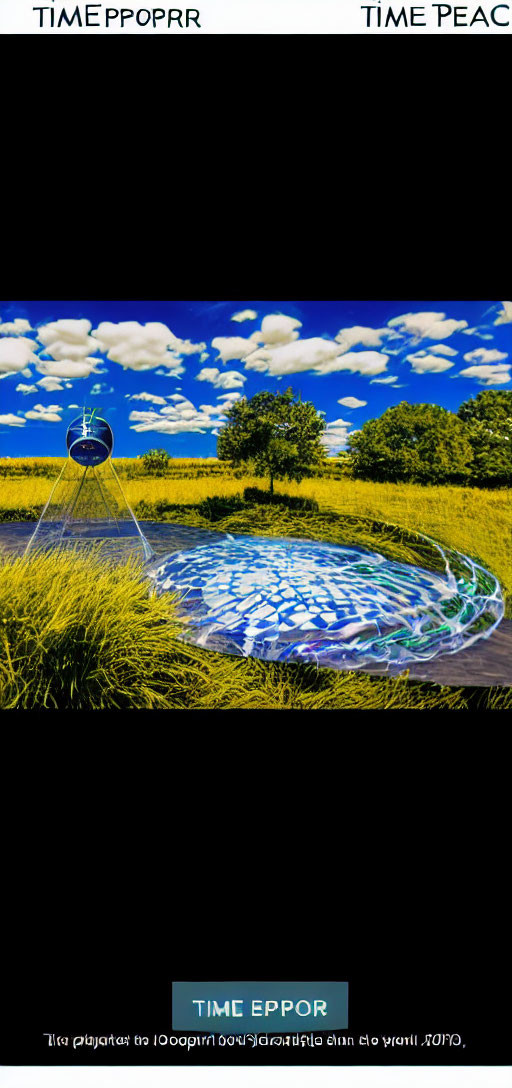 Colorful digital artwork: hourglass merging into water ripple on golden field backdrop