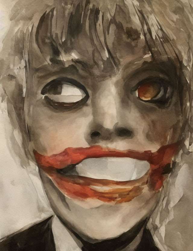 Person with smeared clown-like makeup in watercolor art