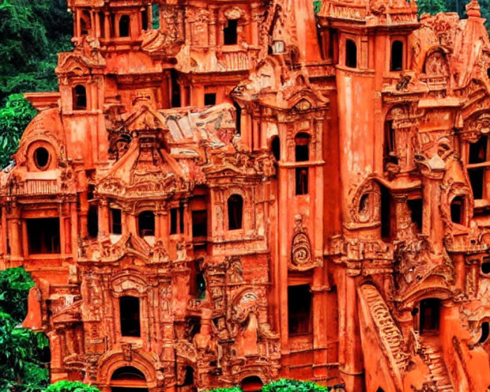 Terracotta-hued Gothic castle in lush green setting