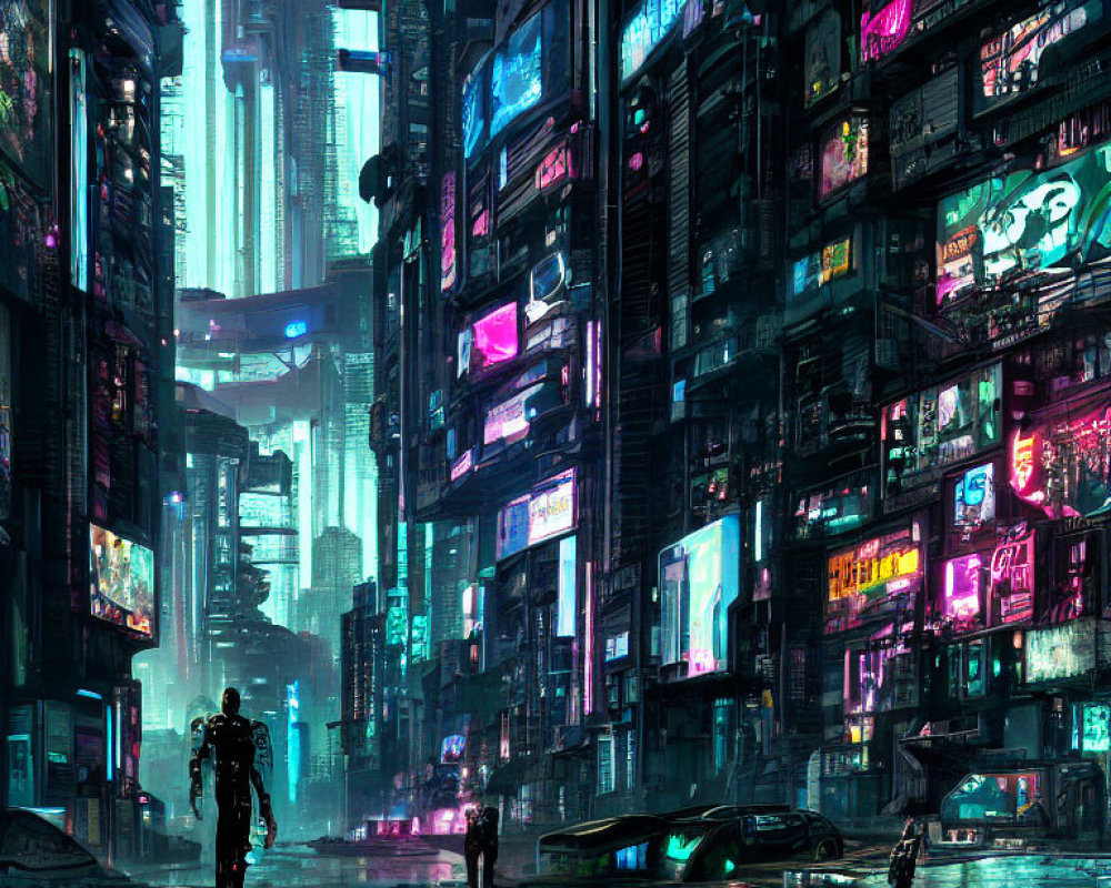 Neon-lit futuristic cityscape with figure at night