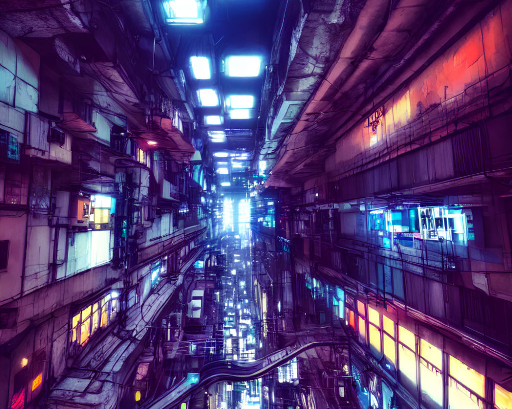 Densely packed cyberpunk alley with neon lights