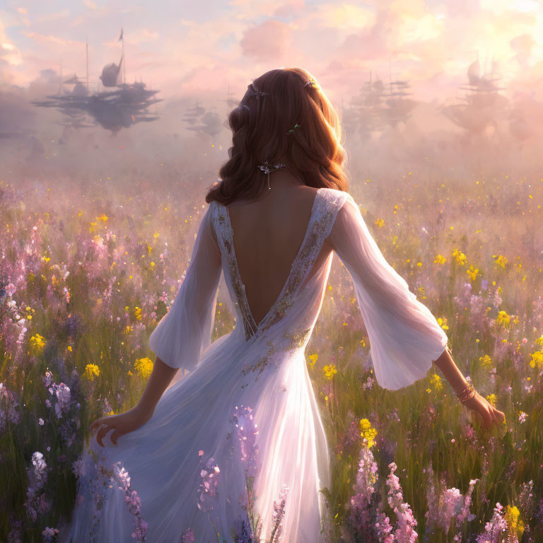 Woman in White Dress Stands in Flower Field at Sunset with Floating Ships