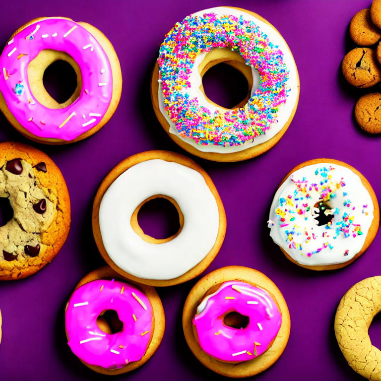 Assorted Doughnuts and Cookies on Purple Background