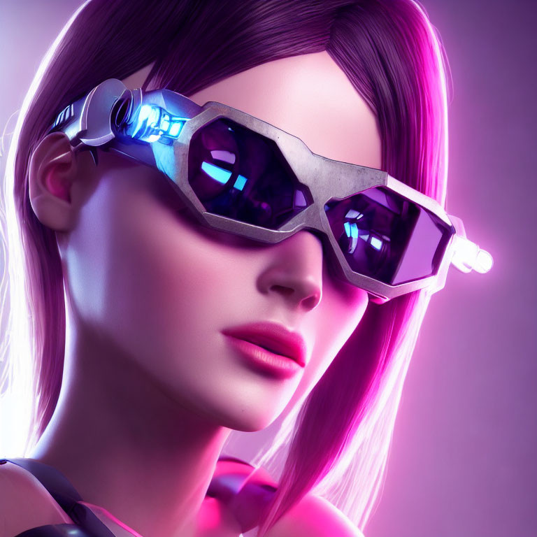 Digital illustration: Woman with pink-purple hair in futuristic sunglasses on neon background