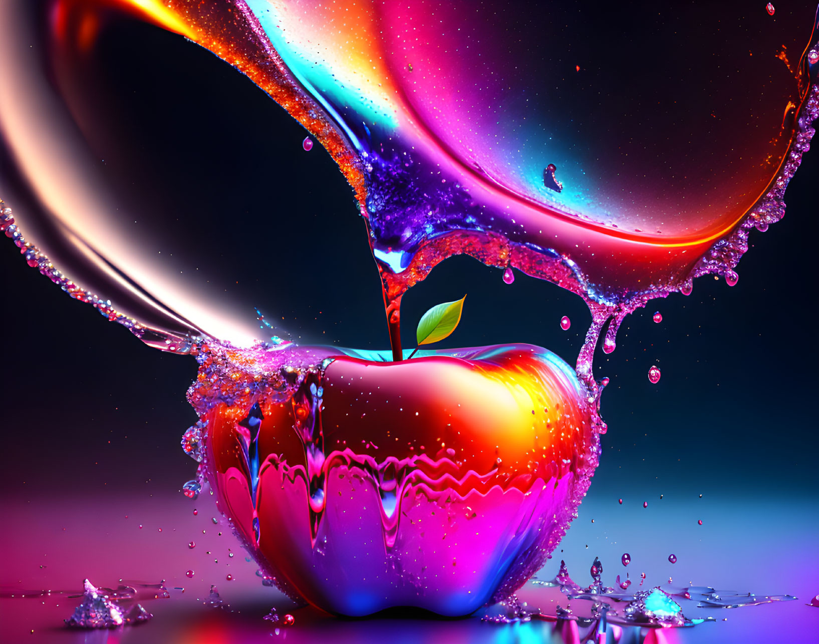 Colorful liquid splash on red apple against starry background