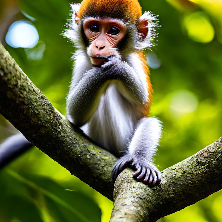 Young Monkey with Orange and White Fur Sitting on Tree Branch in Lush Green Foliage