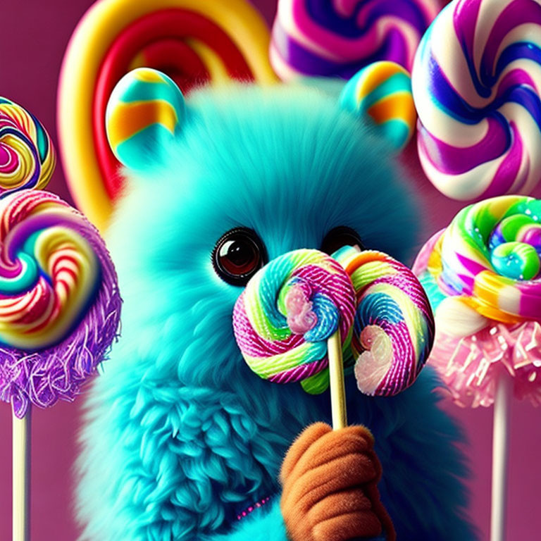 Colorful Furry Creature with Lollipop and Candy on Pink Background