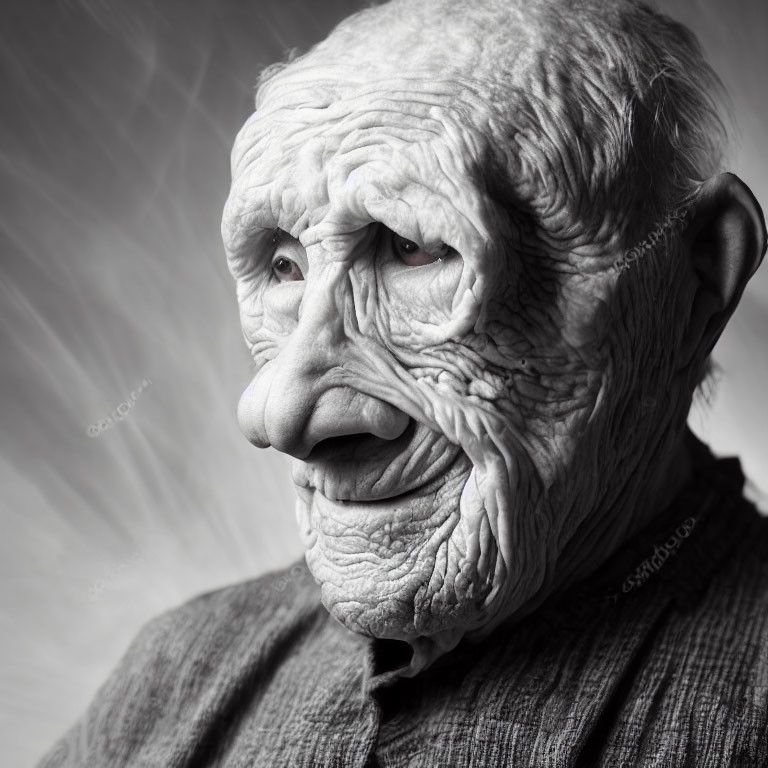 Elderly man portrait in black and white, with wrinkled skin and thoughtful smile