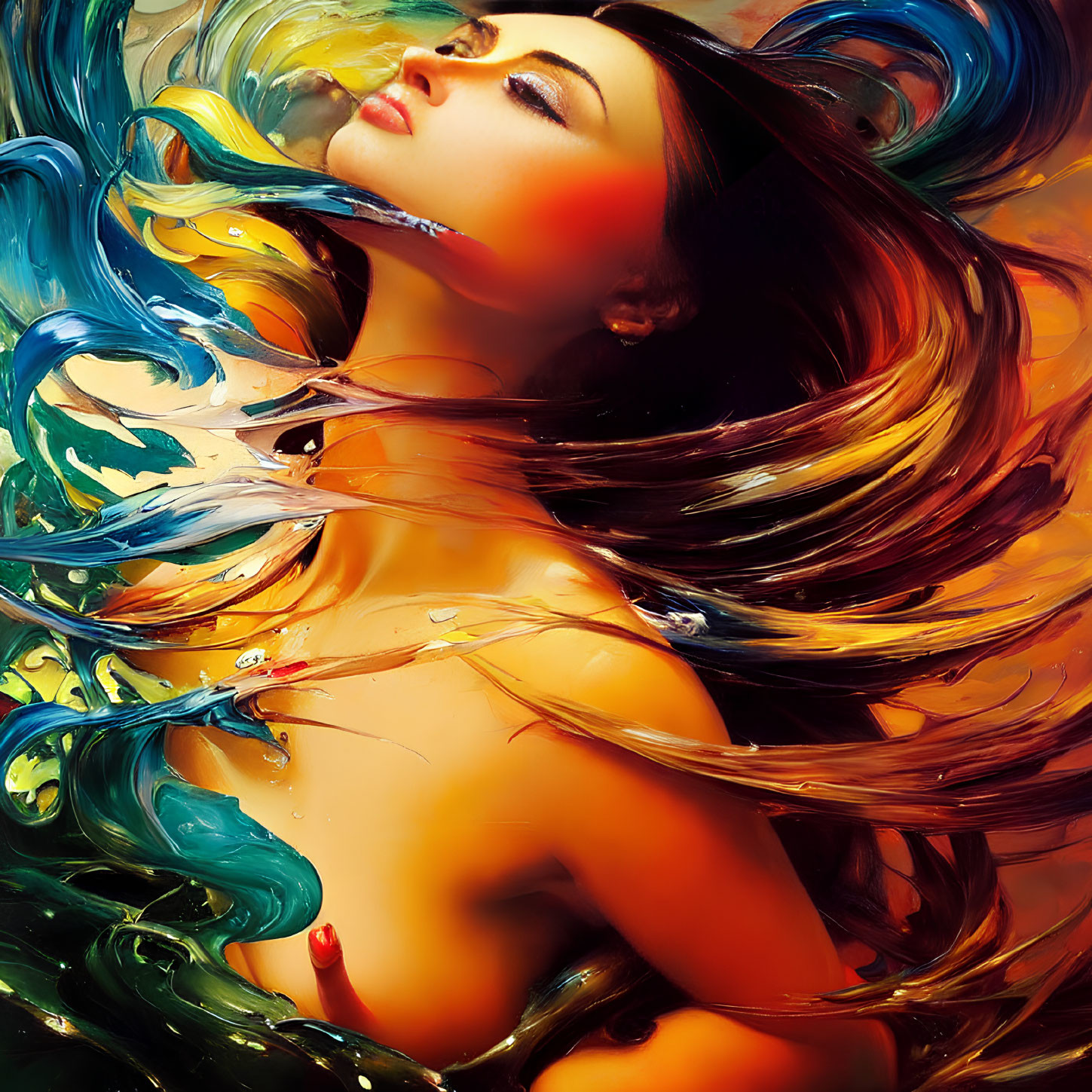 Colorful Abstract Artwork Featuring Woman with Flowing Hair