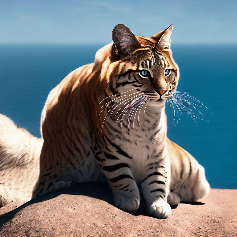 Majestic cat with tiger-like markings overlooking tranquil blue sea