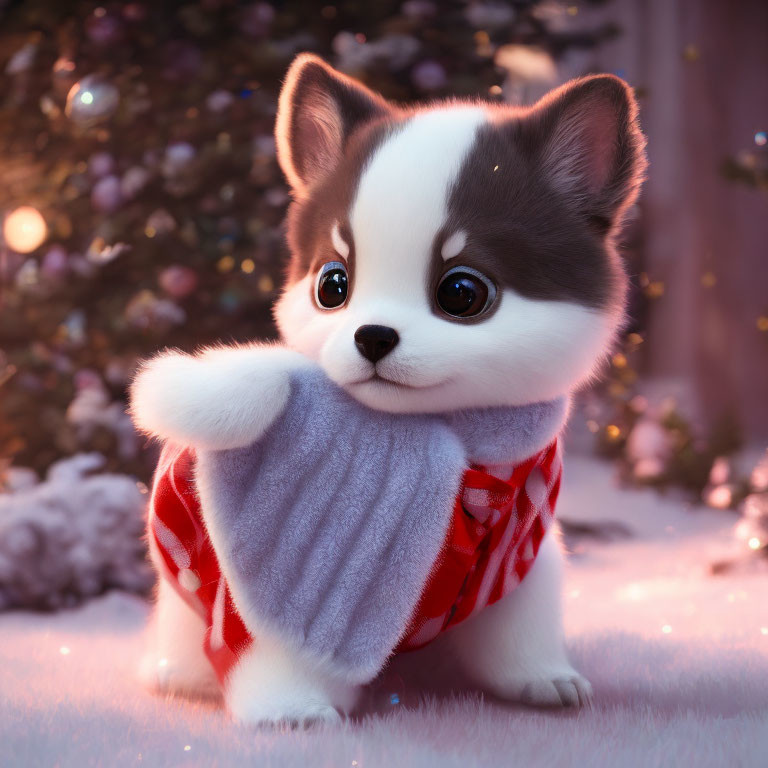 Fluffy White and Black Puppy in Snowy Christmas Scene