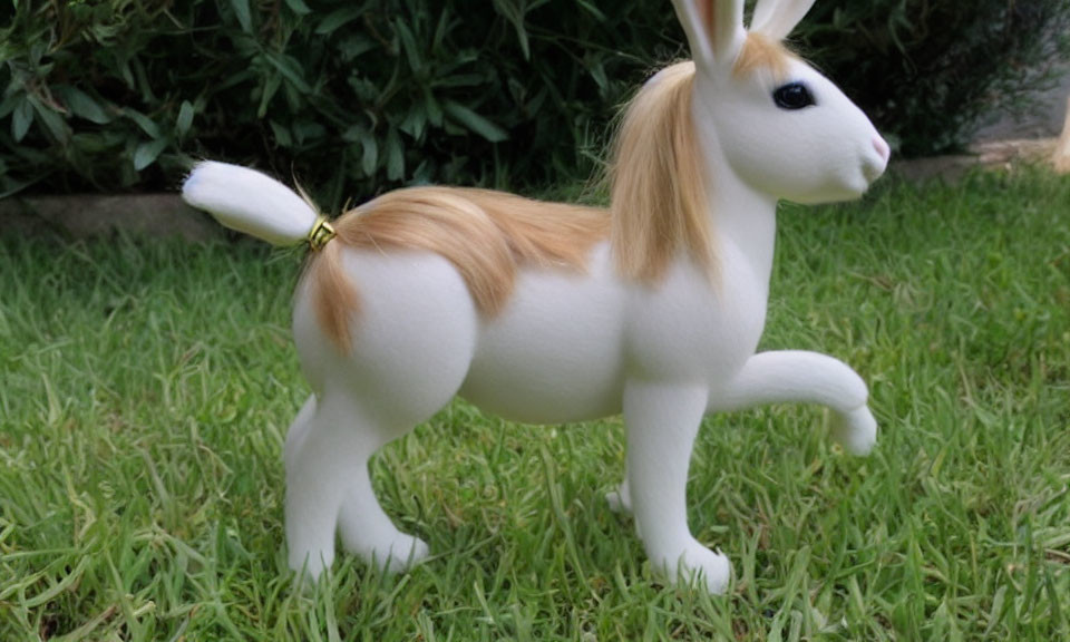 Hybrid Rabbit-Horse Toy with Rabbit Head and Horse Body on Grass Background