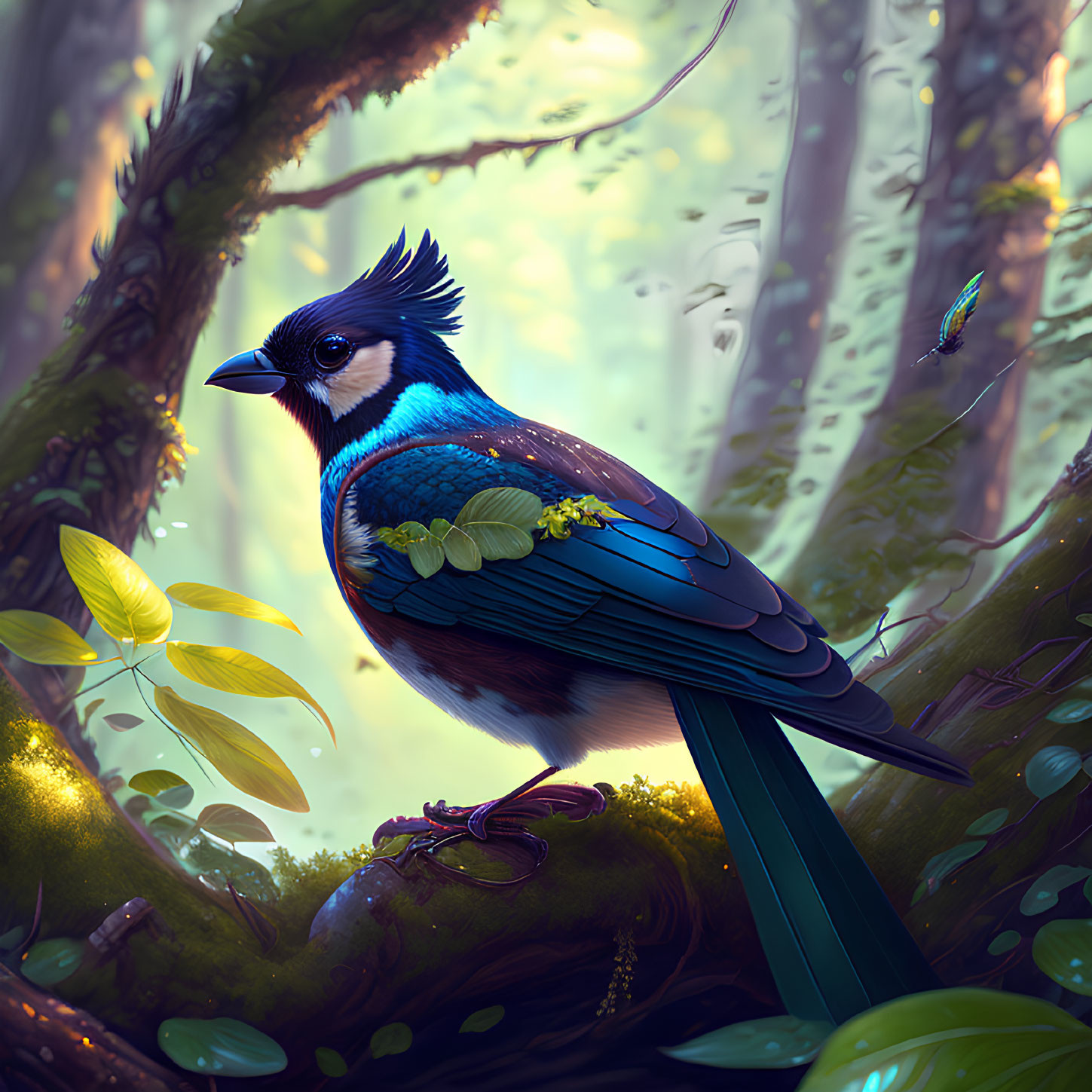 Colorful Bird in Sunlit Forest with Flying Insect