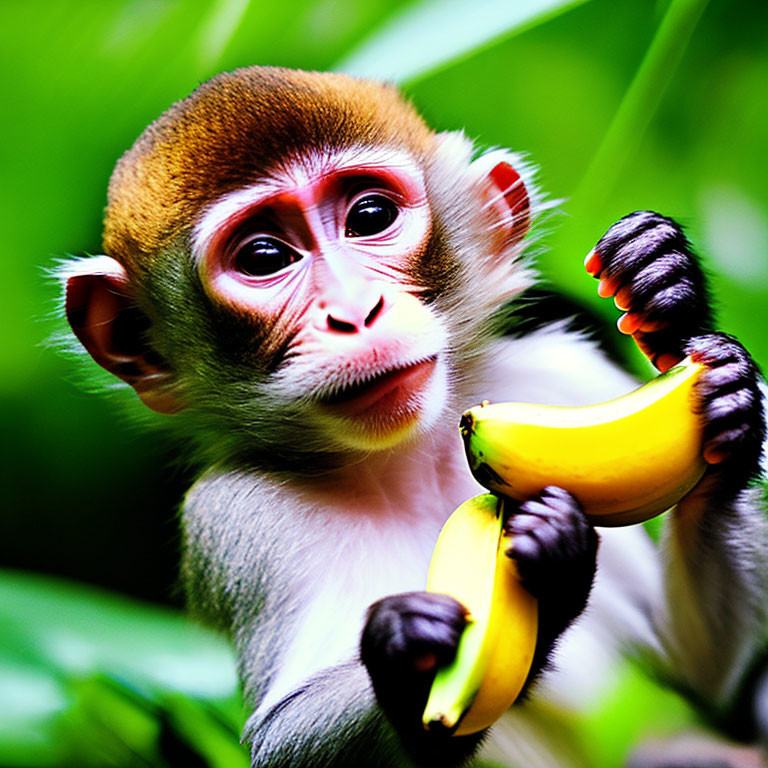 Young monkey with bright eyes holding a banana on vibrant green background