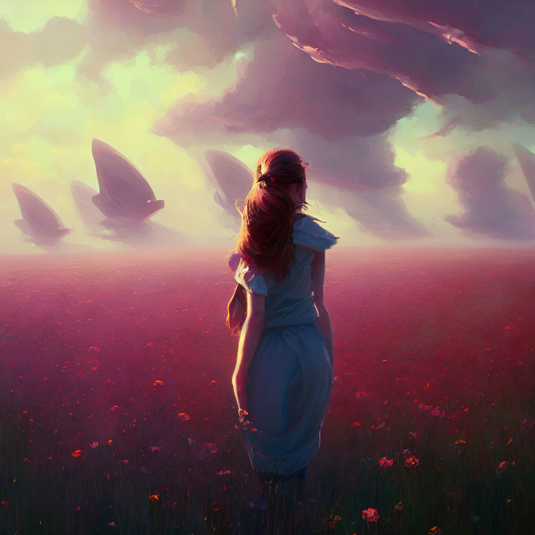 Woman in Blue Dress Watches Spaceships in Blooming Meadow