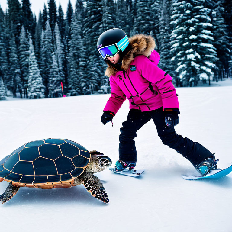 Snowboarder in Pink Jacket with Turtle on Snowboard in Snowy Landscape