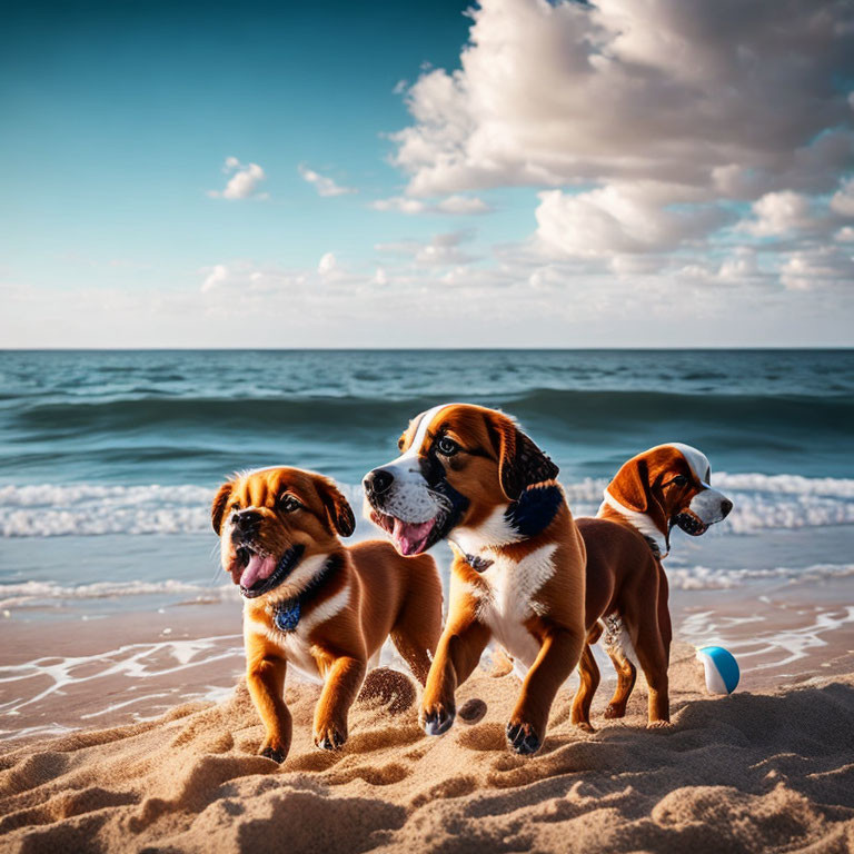 Three Dogs Playing on Sandy Beach with Blue Toy and Waves, Cloudy Sky