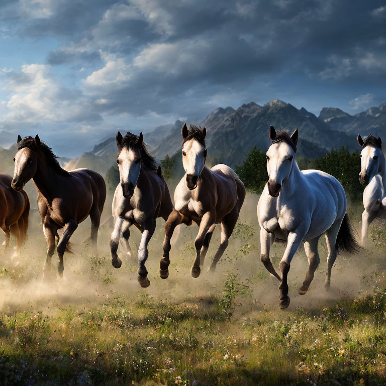 Five horses galloping in a field with mountains and cloudy skies