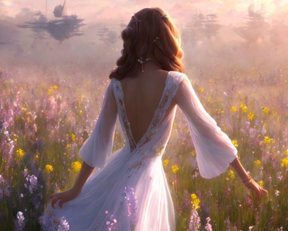 Woman in White Dress Stands in Flower Field at Sunset with Floating Ships