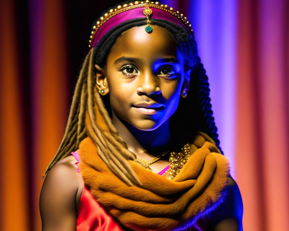 Young Girl in Red Dress with Braided Hair and Gold Jewelry on Warm-Toned Curtain Backdrop