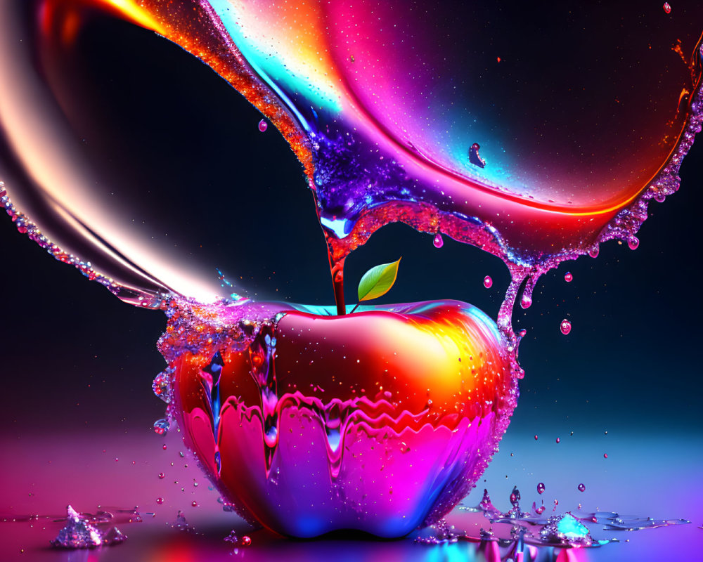 Colorful liquid splash on red apple against starry background