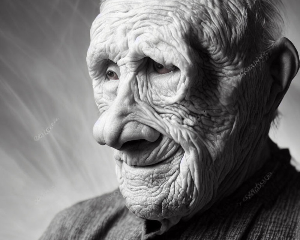 Elderly man portrait in black and white, with wrinkled skin and thoughtful smile