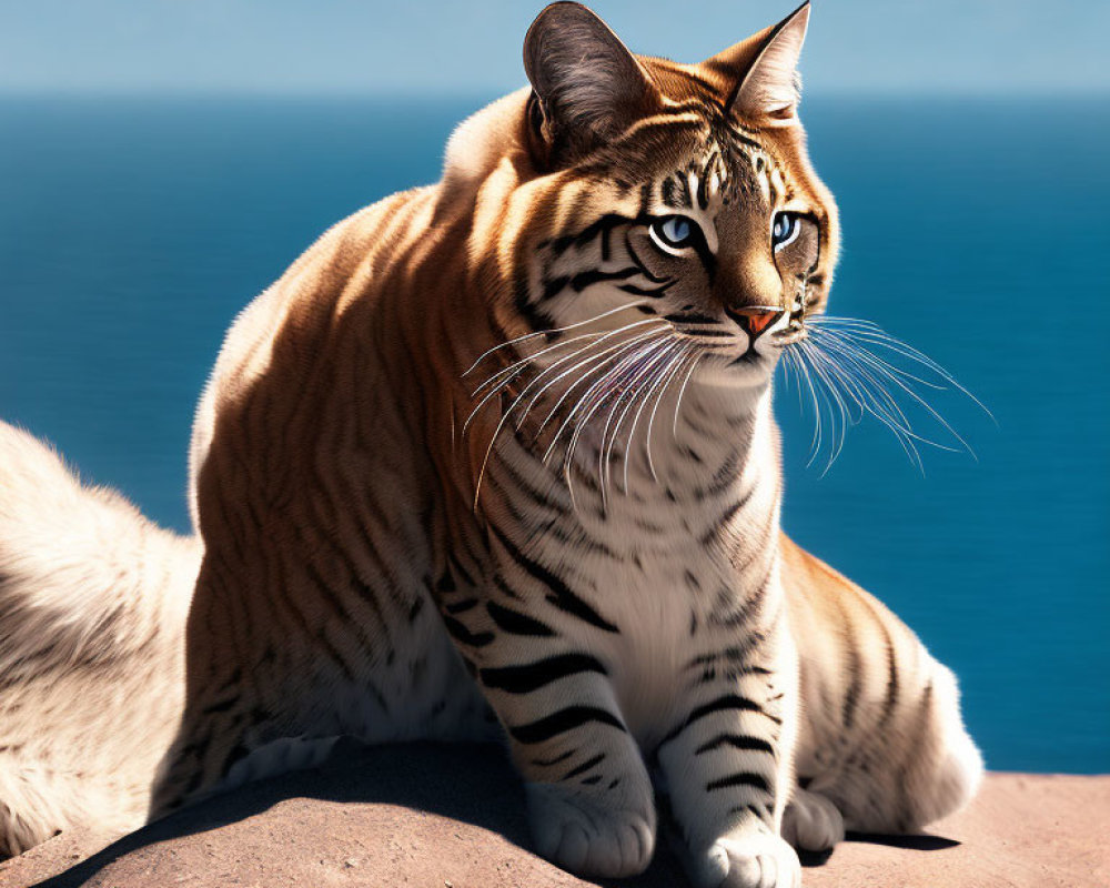 Majestic cat with tiger-like markings overlooking tranquil blue sea