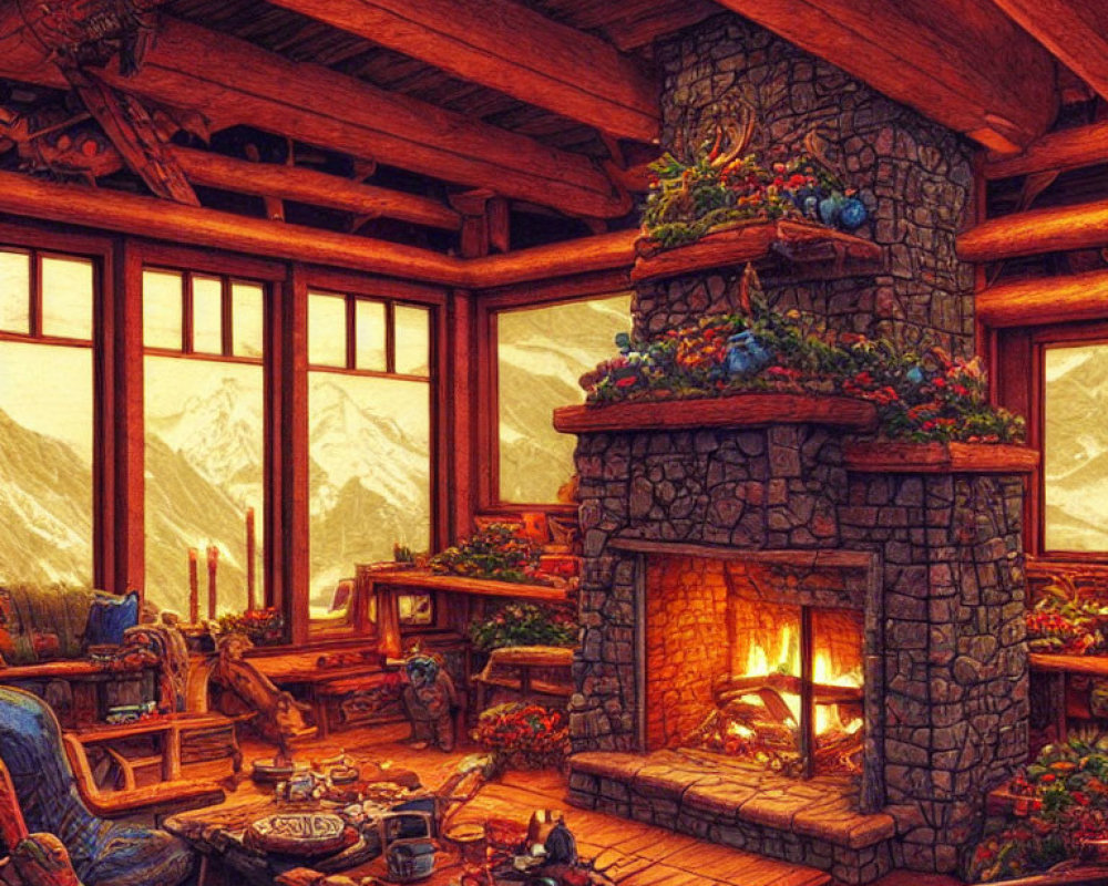 Cozy Mountain Cabin Interior with Fireplace and Snowy Peaks View