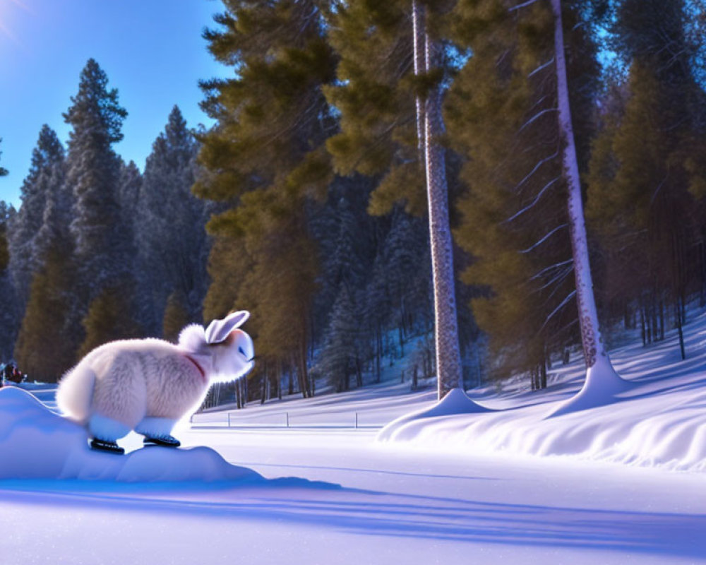 White Rabbit in Snowy Winter Forest with Pine Trees at Twilight