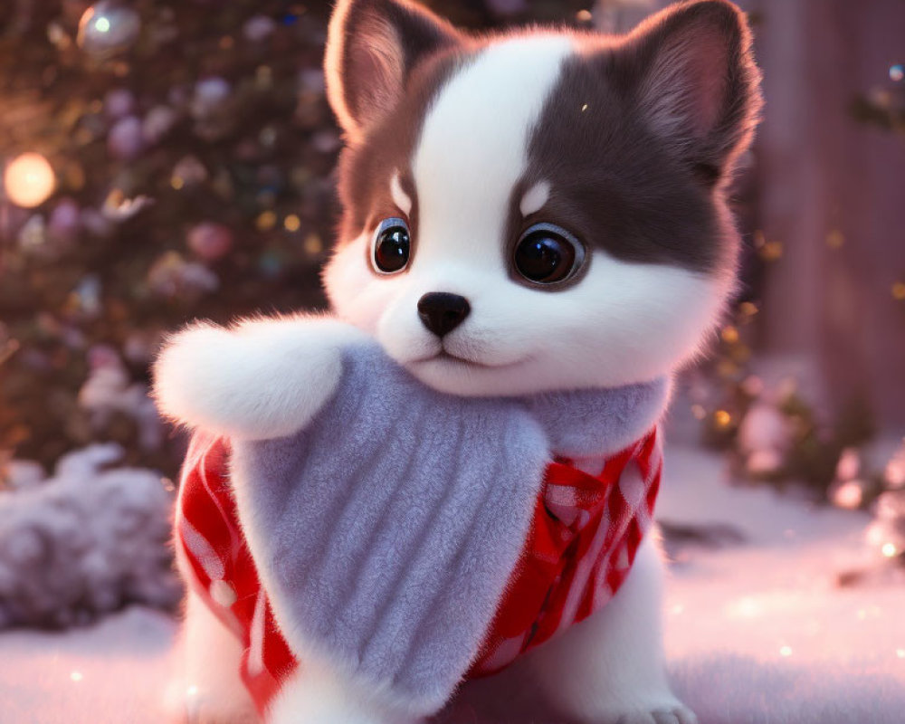 Fluffy White and Black Puppy in Snowy Christmas Scene