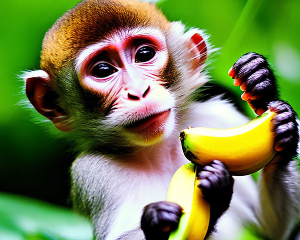 Young monkey with bright eyes holding a banana on vibrant green background