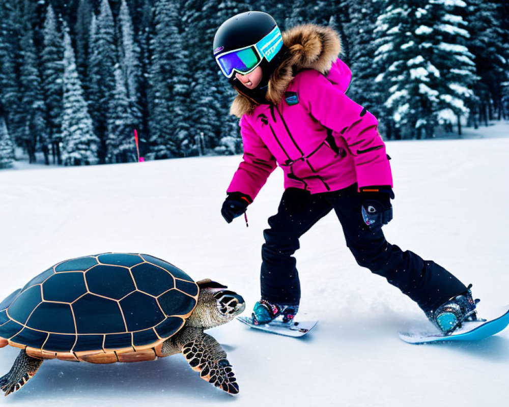 Snowboarder in Pink Jacket with Turtle on Snowboard in Snowy Landscape