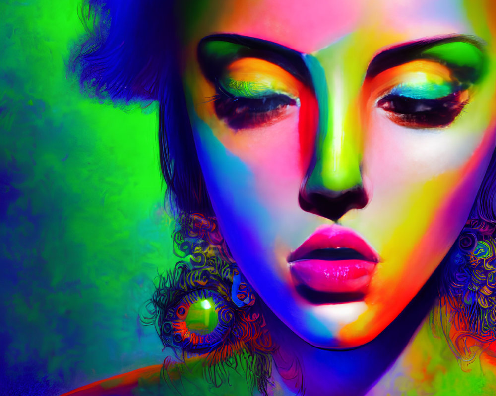 Colorful digital artwork of woman's face with neon colors and peacock feather earrings