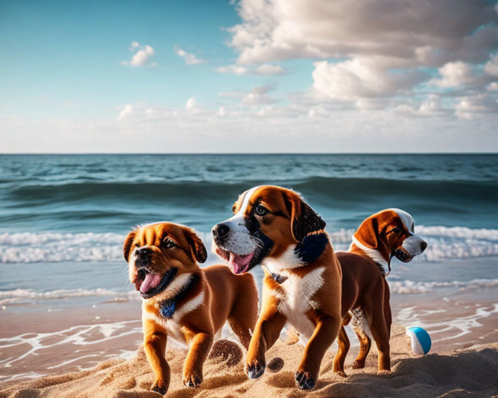 Three Dogs Playing on Sandy Beach with Blue Toy and Waves, Cloudy Sky