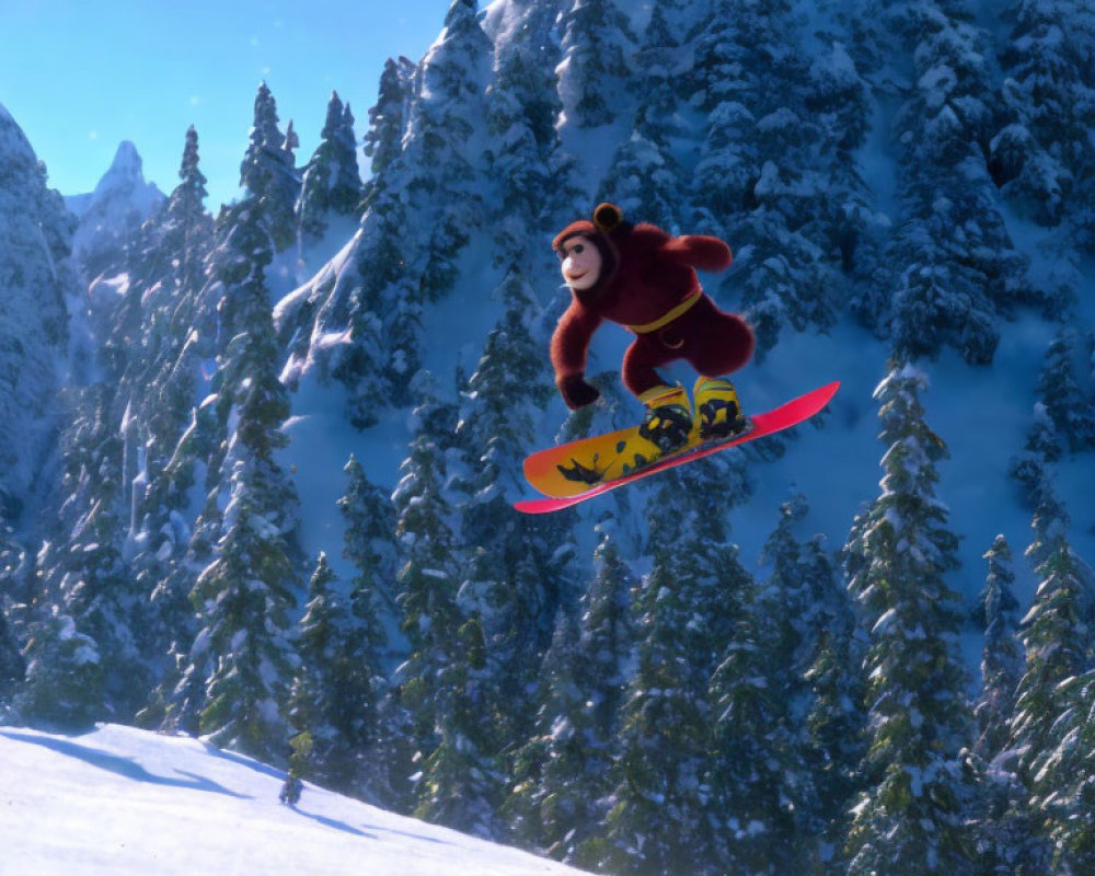 Animated bear snowboarding on snowy mountain slope with pine trees and blue skies