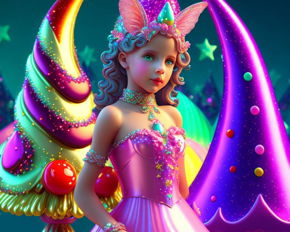 Colorful Digital Illustration: Young Fairy with Butterfly Wings in Whimsical Starry Setting