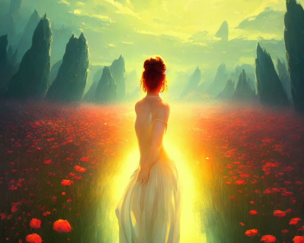 Woman in Red Flower Field at Sunset with Misty Horizon and Rock Formations