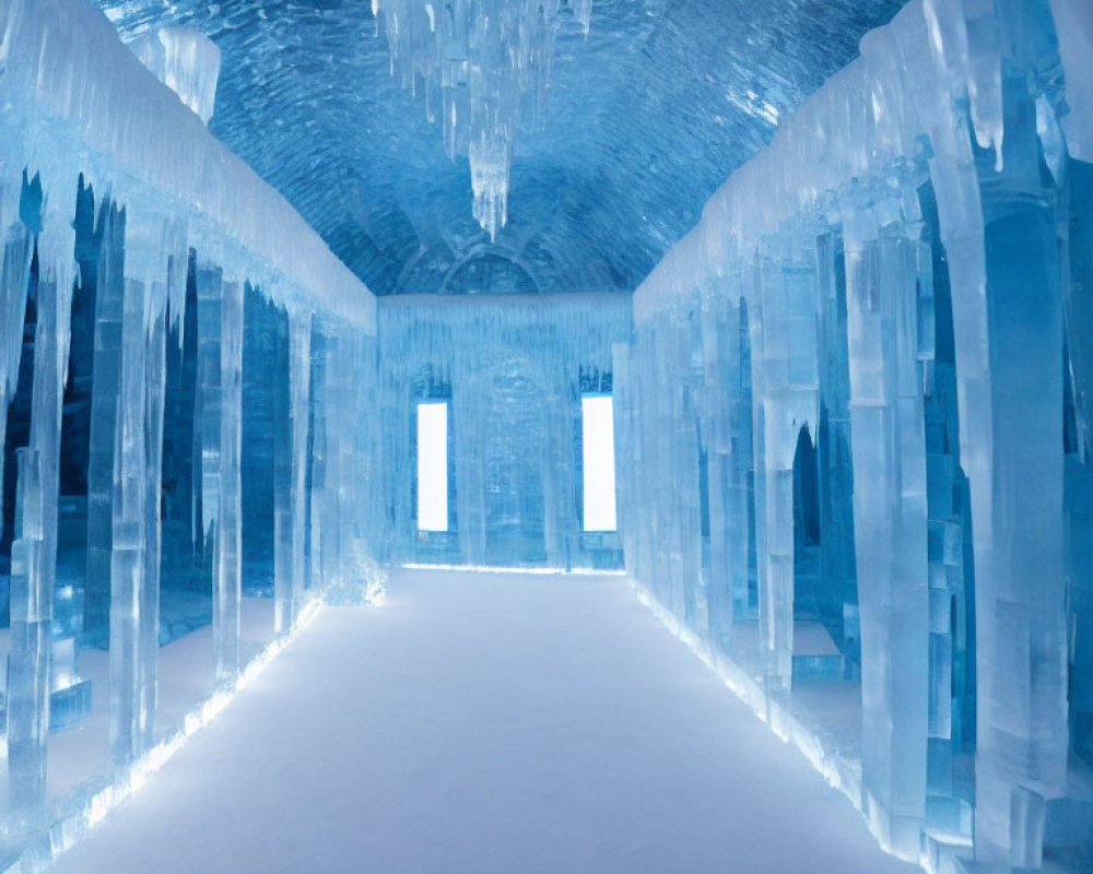 Blue ice cave with translucent icicles and vertical ice slabs