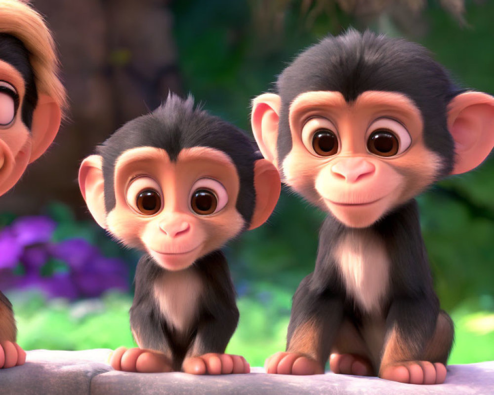 Three animated monkeys on a rock with expressive eyes and human-like features in a nature setting.