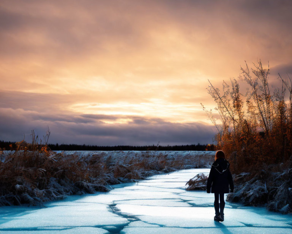 Child walking on cracked icy path in frozen landscape under dramatic sunset sky.