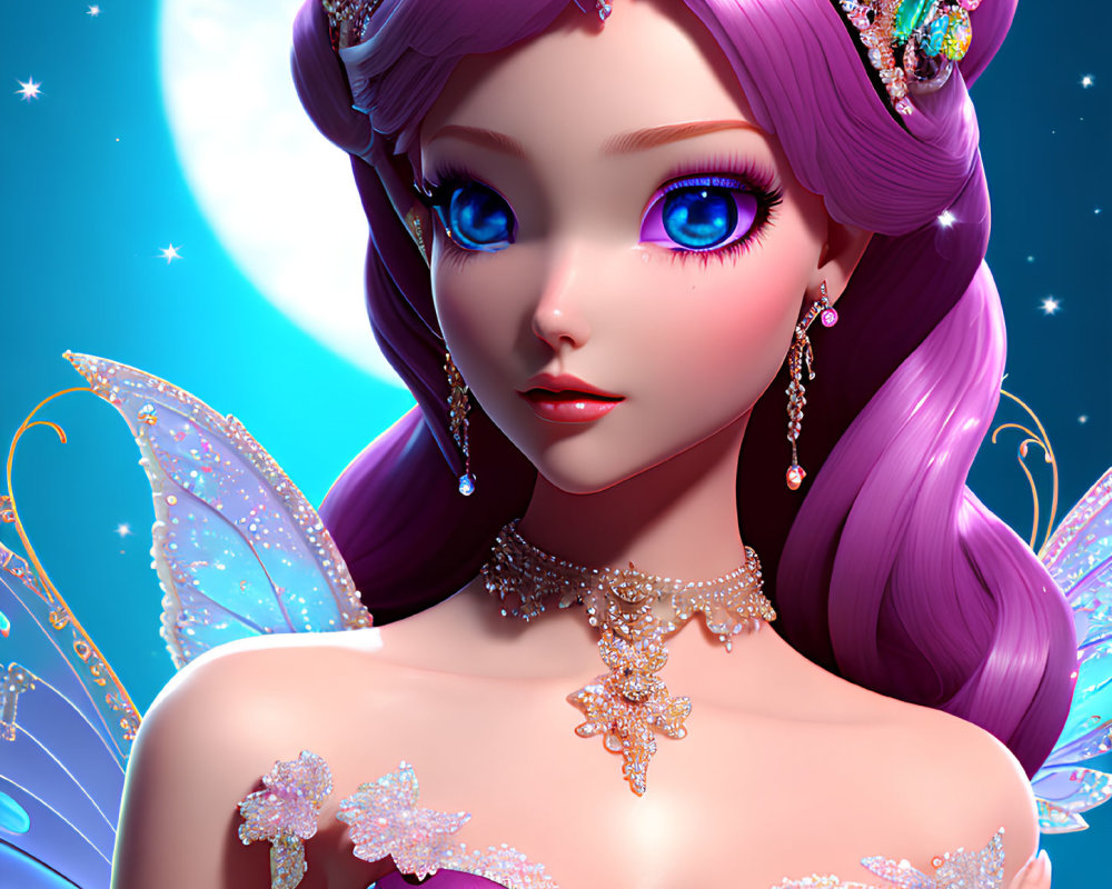 Fantasy fairy with violet hair and jeweled crown in moonlit setting