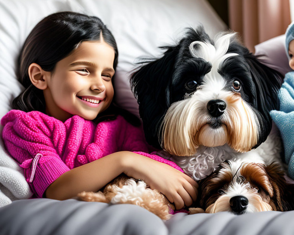 Young girl cuddles with two adorable dogs in bed