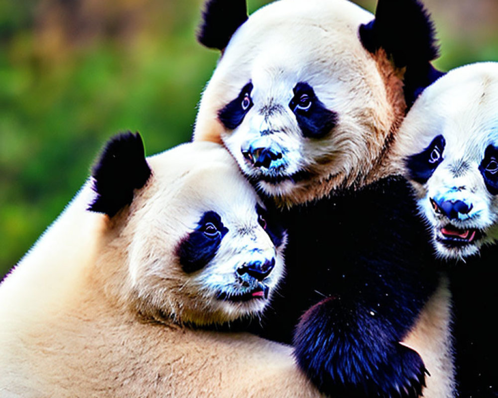 Three pandas cuddling with vibrant green background