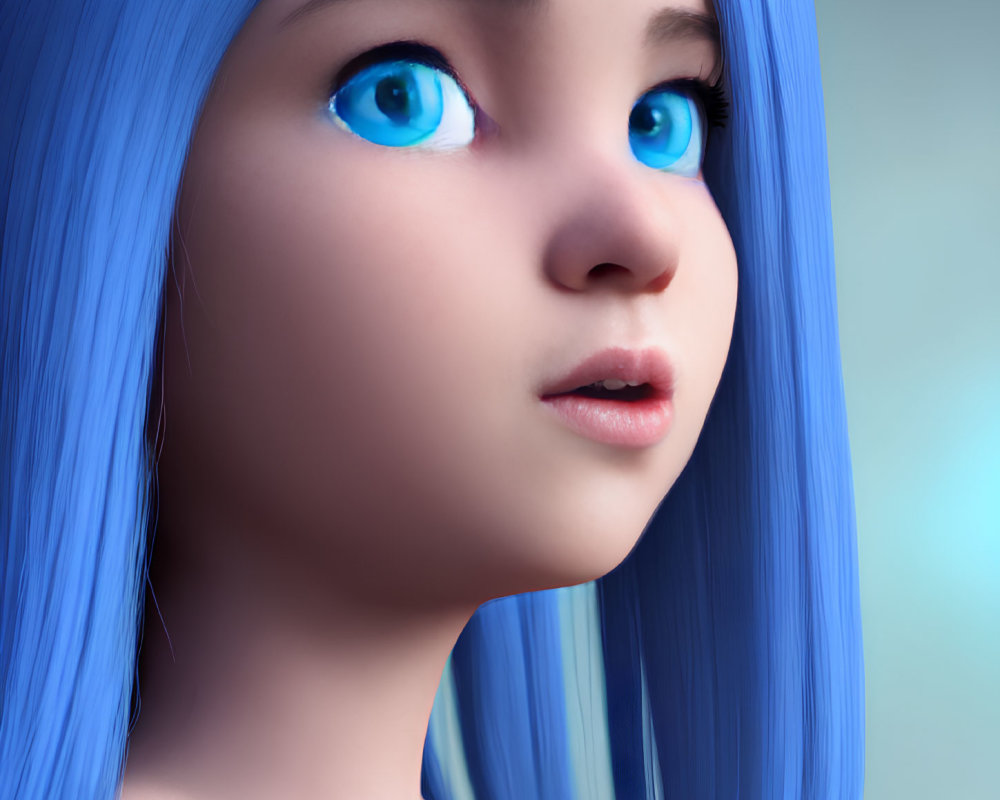 Close-up of 3D-animated female character with bright blue hair and eyes